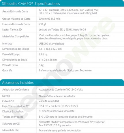 Especificaciones Técnicas Silhouette CAMEO